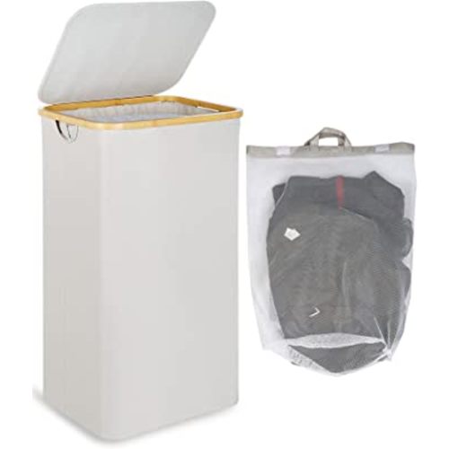 efluky Large Laundry Basket with Lid, 100L Tall Laundry Basket with Bamboo Handles for Clothes and Toys, Collapsible Laundry Hamper with Inner Bag for Bedroom and Bathroom, Light Grey