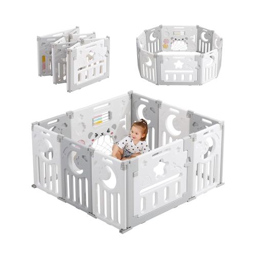 Baby Playpen, Dripex Foldable Playpen for Babies and Toddlers, Custom Shape Baby Fence, Safety Play Yard with Gate, Portable Play Area for Indoor or Outdoor, Grey White,10 Panel