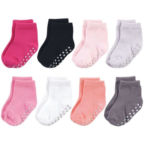 Touched by Nature Baby and Toddler Girl Organic Cotton Socks with Non-Skid Gripper for Fall Resistance, Solid Black Pink, 12-24 Months
