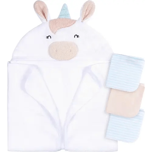 Gerber Baby 4 Piece Animal Character Hooded Towel and Washcloth Set, White Unicorn, One Size