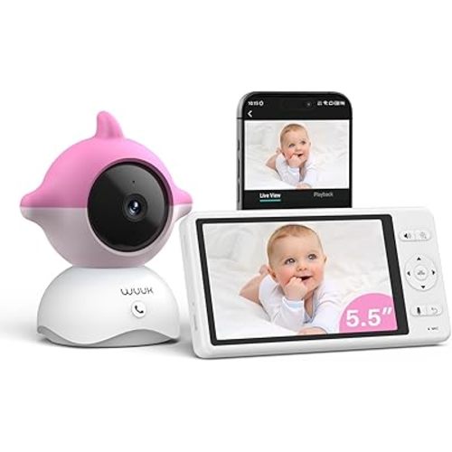 WUUK 2K Video Baby Monitor, 5.5'' Baby Monitor with 360 PTZ Color Display with 135° Wide Angle, 3700mAh Battery, Ultra-clear Night Vision, Baby Camera with App, Temper & Humidity Sensor, Cry Detection