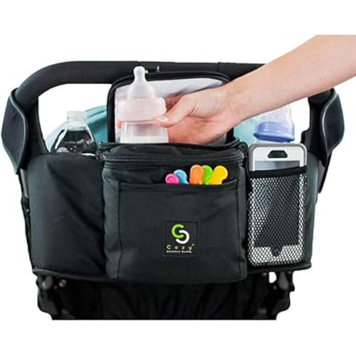 Cozy Stroller Caddy Organizer (Black, Insulated) - Everything Mom Needs on Stroller - 2 Deep Cup Holders, 3 Separate Spaces, Front Cellphone Holder, Wallets, Diapers, Milk
