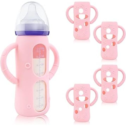 ZCH 4-Pack Silicone Sleeves for Lansinoh Glass Bottles, BPA-Free Drop-Resistant Baby Bottle Sleeves with Handles, Compatible with Lansinoh Anti-Colic Glass Baby Bottles (8 oz)