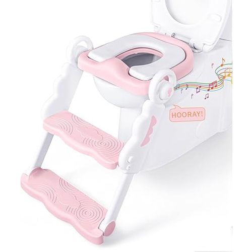 Musical & Sound Toddler Potty Training Seat w/Step Stool Ladder - Collapsible & Adjustable Toilet, Pre Assembled Toddler Toilet Seat w/Music & Sounds - Splash Guard & Anti-Slip Steps - Pink