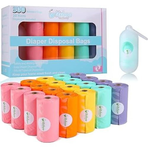 Diaper Bags Disposable for Baby, 20 Refill Rolls/300 Bags Waste Bags with Dispenser, Convenient and Quick Diaper Disposal, Rainbow