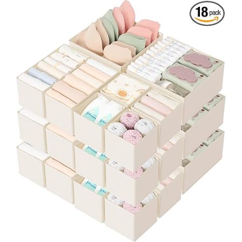Criusia Drawer Organizer 18-Piece Set, Dresser Organizer for Baby Clothes, Foldable Closet Storage & Drawer Dividers for Underwear, Socks, Nursery (Beige)