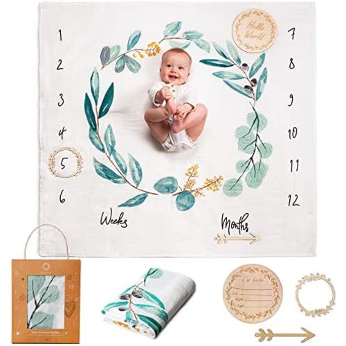 Baby Milestone Blanket | Monthly Milestone Blanket for Baby Boy or Girl, Unisex | Cotton Muslin Blanket | Newborn Baby Shower Present for New Mums | Flowers & Leaves Theme | Includes Wooden Frames