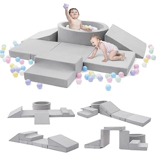 Foam Climbing Blocks with Ball Pit & Stairs for Toddlers Aged 1-3 -Soft Playset for Indoor Crawling, Foam Playground Set for Baby to Active Playing Inside -(Balls NOT Included),Grey