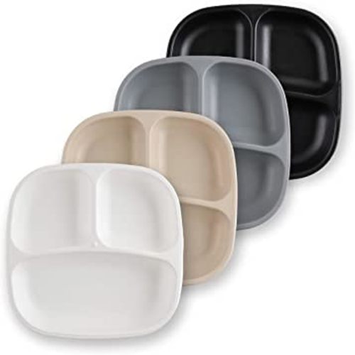 Re Play - 4 Pack 7.37" Divided Plates with Deep Sides for Baby, Toddler & Child Feeding | BPA Free | Made in USA from Eco Friendly Recycled Milk Jugs | Monochrome (White, Sand, Black, Grey)