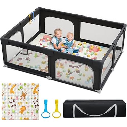 Palopalo Black Baby Playpen with Mat Playpen for Babies and Toddlers 71×59 Inch Large Play Yard With Gate Baby Fence Ball Pits Toddler Indoor Outdoor Infants Activity Center with Anti-Slip Base
