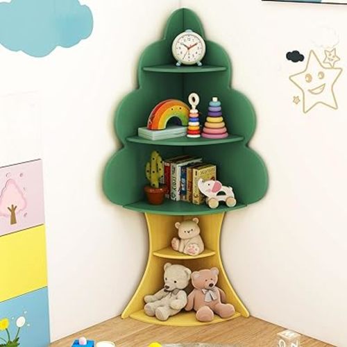 Costzon Tree Bookshelf for Kids, 5-Tier Toddler Montessori Corner Bookcase, Space-Saving Freestanding Book Shelf & Toy Storage Organizer for Kids Room, Playroom, Classroom, Nursery, Daycare (Tree)