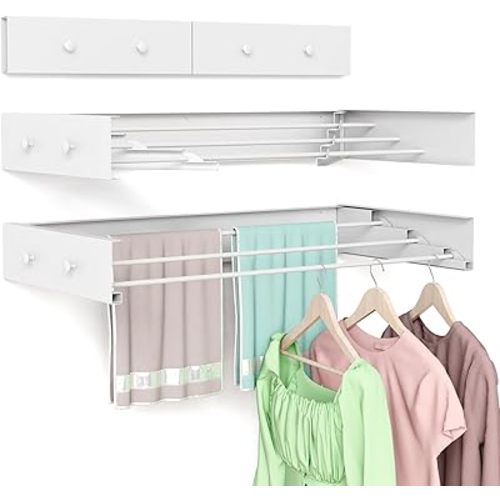 BAKON Clothes Drying Rack Wall Mounted for Laundry, Drying Rack Clothing Wall Mounted, 4 Aluminum Rods with 4 Hooks, Space-Saving Collapsible Wall Drying Rack for Indoor Outdoor (White, 23.6'')