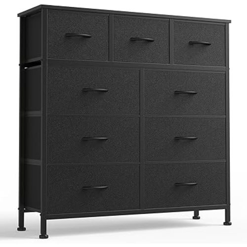 DUMOS 9 Drawer Dresser for Bedroom, Fabric Storage Organizer with Sturdy Metal Frame, Wooden Top Chest of Drawers for Closet Nursery Entryway Guest Room,Matte Black