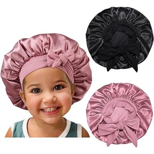Satin Silk Bonnet Hair Cap: 2pcs Bonnets For Kids with Elastic Tie Band Adjustable Straps for Sleeping Sleep Comfortable - Stretchy Tie Band Hair Bonnets No Slip-Off (Black-RoseGold-K)