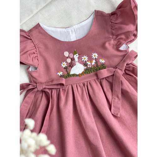 Goose in Garden Hand Embroidered Dress for Girls, Soft Linen Dress, Kids Clothing