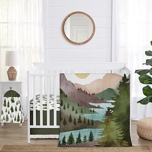 Sweet Jojo Designs Sage Green Woodland Boy Girl Gender Neutral Unisex Baby Crib Bedding Set Infant Nursery Room Blanket Fitted Sheet Skirt Diaper Stacker 4pc Forest Themed Nature Pine Tree Watercolor