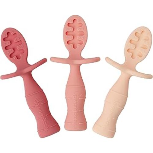Upward Baby Spoons Self Feeding 6+ Months - 3 Pack, Chewable Toddler Utensils with Anti Choke Barrier, Baby Feeding Essentials, Baby Spoons 4 months, Silicone Baby Spoons, Pink