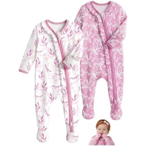 Unnivoll Rayon Made from Bamboo Baby Pajamas Baby Sleepers for Newborn 0-3 3-6 6-9 Months 2Pcs Footie Pjs Baby Girls Clothes