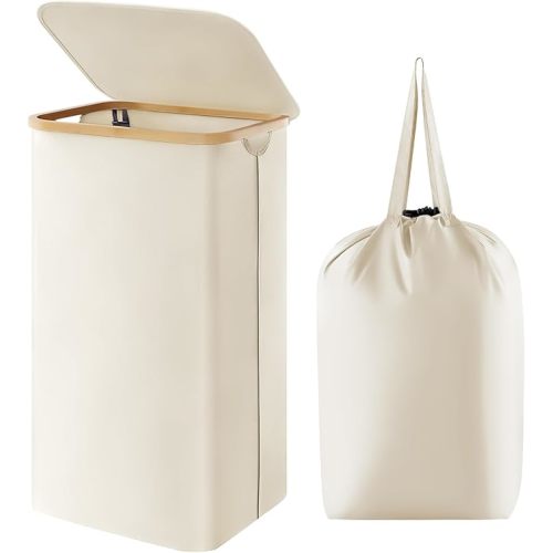 Lifewit 100L Laundry Basket with Lid, Clothes Hampers for Laundry with Bamboo Handles and A Removable Laundry Bag, Large Foldable Laundry Hamper for Bedroom, Bathroom, Dorm, Laundry Room, White