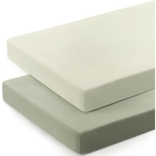 GRSSDER Mini Crib Sheets Fitted, Pack and Play Sheets 2 Pack, Ultra Soft Stretchy Pack N Play Sheets, Universal Fit for Playard Mattress, Jersey Crib Sheets for Boys and Girls, Sage Green