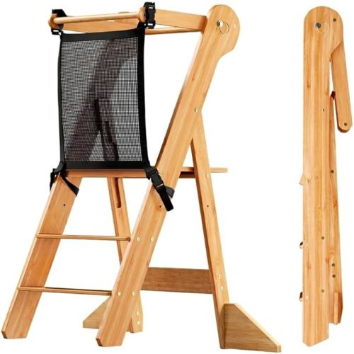 COSYLAND Foldable Toddler Standing Tower - Adjustable Height Folding Step Stool Kids Toddler Kitchen Stool for Learning and Cooking - Ages 18 Months to 6 Years with Safety Net Natural