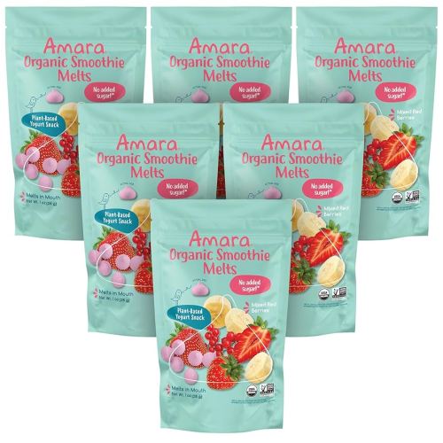 Amara Smoothie Melts - Mixed Red Berries - Baby Snacks Made With Fruits and Vegetables - Healthy Toddler Snacks For Your Kids Lunch Box - Organic Plant Based Yogurt Melts - 6 Resealable Bags