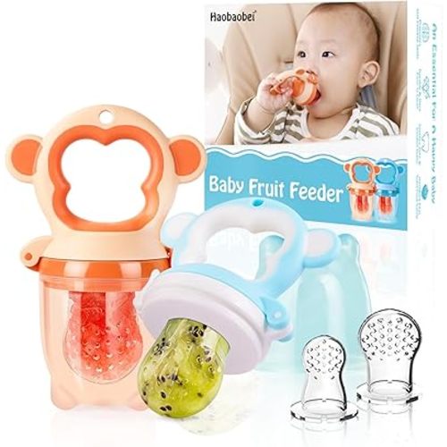 Baby Fresh Fruit Feeder Pacifier, 2 Pack HAOBAOBEI Baby Teether for Chewing, Freezable Infant Teething Toy, Teething Relief, Food Feeder with 4 Silicone Pouch, BPA Free - Monkey (Orange & Blue)