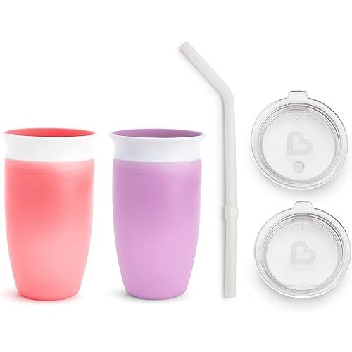 Munchkin Sippy Cup for Toddlers, Miracle 360 Cup with Straw Cup and Open Sipper Lid Grow with Me Kit, 10 Ounce, Pink/Purple