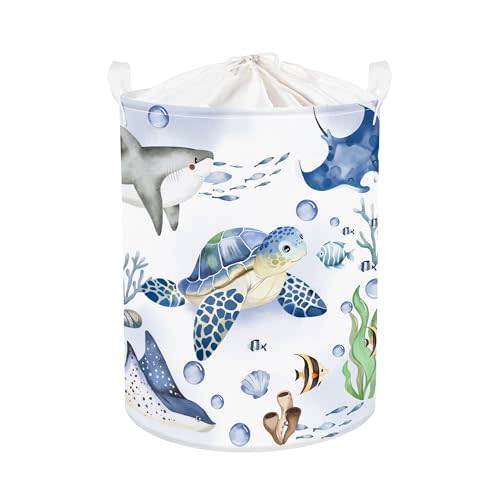 Clastyle Fish Sea Turtle Baby Basket Ocean Coral Seaweed Starfish Toy Book Shelf Basket Waterproof Pool Toy Beach Towel Storage Bin Large Dirty Clothes Laundry Hamper, Shark, 36 * 45 cm