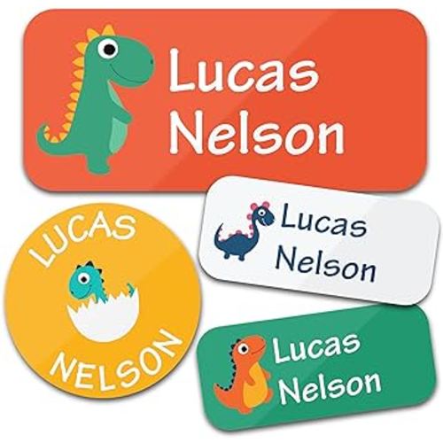 Personalized Daycare Name Labels (130 Labels) - Custom Waterproof Name Stickers for Clothing Tags, Water Bottles, Lunch Boxes and School Supplies (Dinosaurs)