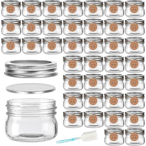 4oz Mason Jars, 40pcs Glass Round Canning Jars with Silver Regular Lids and Bands, Small Glass Storage Containers for Jam, Honey and Wedding Favors