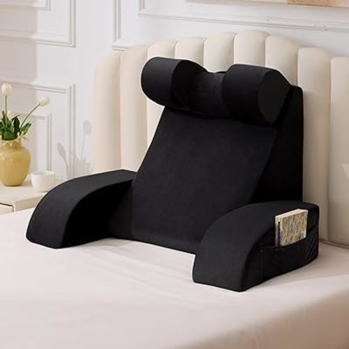 Reading Pillow for Sitting in Bed Adult, Back Pillow for Bed Sitting up, Backrest Pillow with Arms, Back Support Pillows for Gaming Lounging Watching TV, Medium 19" Black