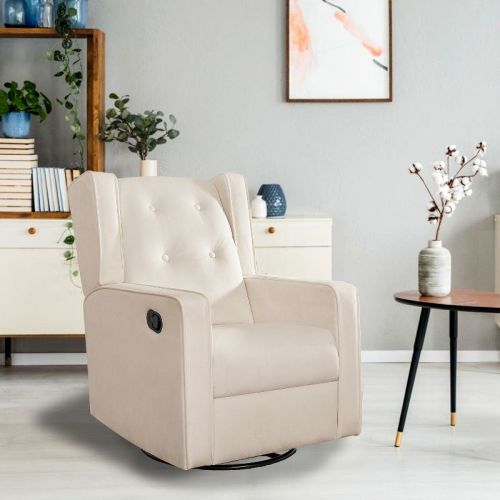Home Imports Emporium Rocker Recliner Nursery Chair With 360 Degree Swivel In Cream, Microfiber