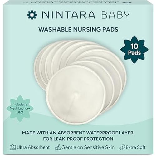 Nintara Baby Reusable Nursing Pads – 4-Layer Organic Bamboo Cotton, Ultra-Soft, Absorbent & Leak-Proof, Contoured Comfort Fit, Pack of 10 with Laundry Bag