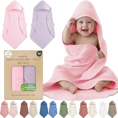 100% Organic Cotton Muslin Hooded Baby Towels 2 Pack 81 X 81 CM Baby Bath Towel Soft Breathable Lightweight Quick Dry Gentle On Baby Skin for Newborns and Infants