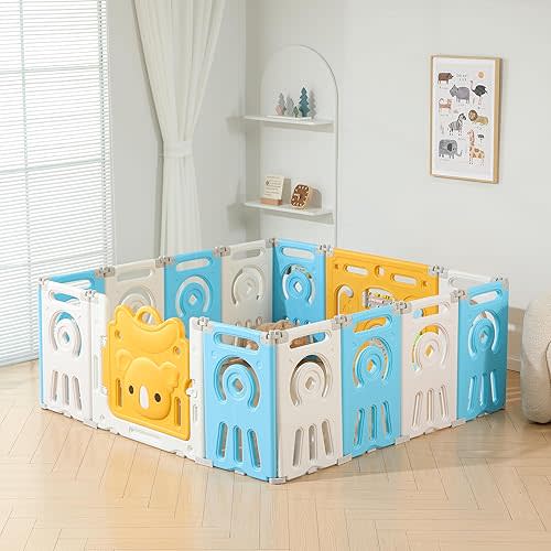 Baby Play Pen, Foldable Play Pens for Babies and Toddlers, 14 Panels Extra Large Baby Playpen, Portable Baby Fence, Baby Gate Playpen, Baby Play Yard - Blue White