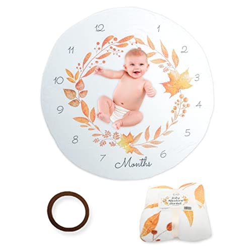 MAC&MAPLE Baby Milestone Blanket - 45 Inch Round Monthly Baby Milestone Blanket Soft Flannel 12 Month Growth Chart Boy Girl Gender Neutral Unisex Newborn Essentials Playmat Backdrop