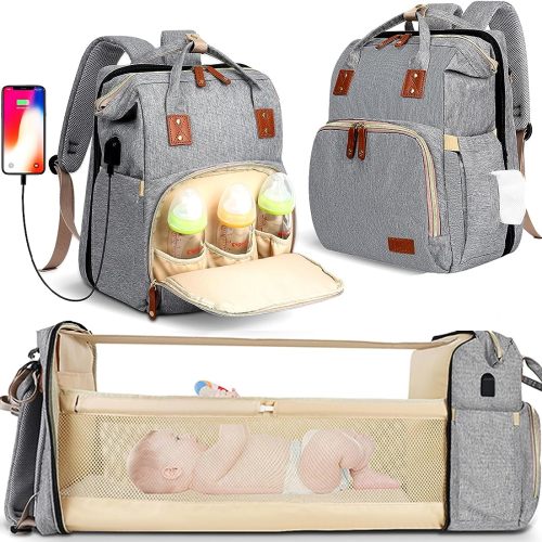 HKZ Diaper Bag Backpack 5 in 1 Baby Diaper Bags for Girls and Boys,Travel Foldable Baby Large with USB Charging Port (Gray)