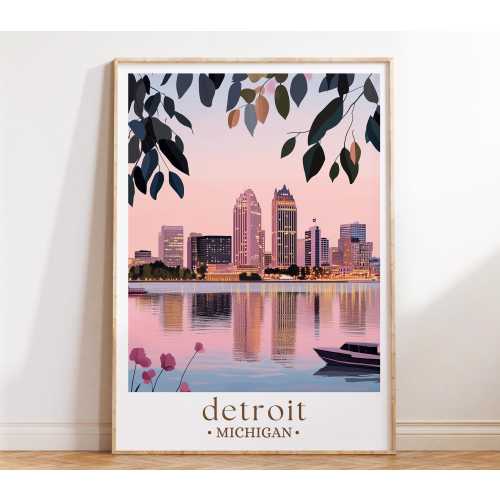 Detroit Skyline Dusk Travel Poster, Cityscape Art, Urban Nightscape Print, Michigan Landmark Decor, City Lover Gift