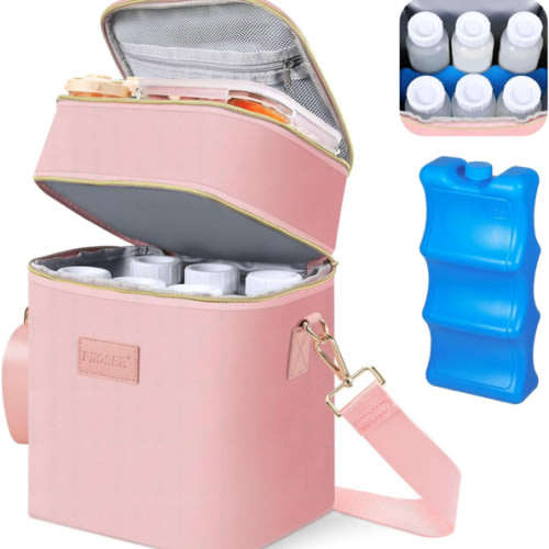 PIIOSER Breastmilk Cooler Bag with Ice Pack Fits 6 Baby Bottles Up to 9 Ounce, Insulated Baby Bottle Tote Bags, Double Layer Waterproof Leak-Proof with Shoulder Strap for Nursing & Working Mom (Pink)
