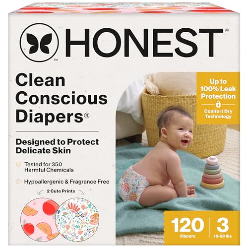 The Honest Company Clean Conscious Diapers for Sensitive Skin | Up to 100% Leakproof | Hypoallergenic, Fragrance Free | Girl Prints | Super Club Box, Size 3 (16-28 lbs), 120 Count (Prints May Vary)
