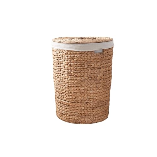 Round Woven Wicker Laundry Hamper with Lid - Large Water Hyacinth Storage Wicker (Natural Brown, 15x15x20 in)