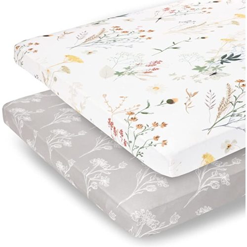Pobibaby - 2 Pack Premium Pack N Play Sheets Fitted for Standard Pack and Plays and Mini Cribs - Ultra-Soft Jersey Knit, Stylish Floral Pattern, Safe and Snug for Baby (Wildflower)