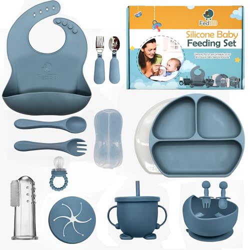 Silicone Baby Feeding Set 14 Pcs -Baby Lid Weaning Supplies including Divided Plate with Lid, Cup, Adjustable Bib, Toddler Spoons and Forks, Perfect for Self-Feeding with Fruit Feeder (BLUE)