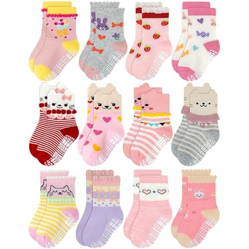 RATIVE Non Skid Anti Slip Cotton Dress Crew Socks With Grips For Baby Infant Toddler Kids Girls