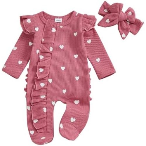Newborn Baby Girl Valentines Outfit Ruffle Heart Print Romper Waffle Jumpsuit Coming Home Outfit