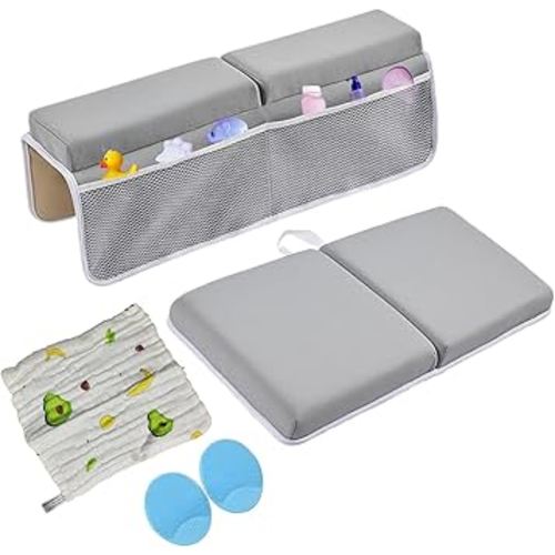 Comfortable Baby Bath Kneeler and Elbow Rest Pad Set for Baby Bathing Parents - Painless Foam Mat with Toy Organizer Pockets - Quick Drying, Foldable, Non-Slip for Baby and Toddler Bathing
