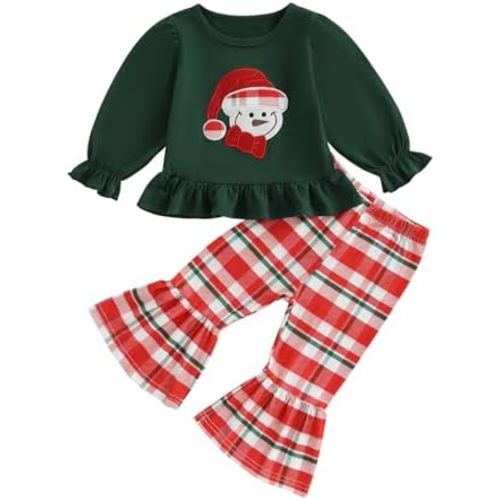 Thorn Tree Baby Girl Christmas Outfit Snowman Embroidery Sweatshirt Plaid Bell Pants Infant Toddler Fall Winter Clothes Set