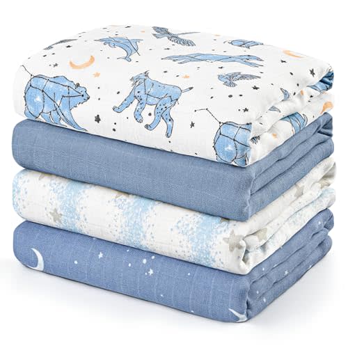 GLLQUEN BABY Muslin Swaddle Blankets 4-Pack Breathable Receiving Blankets (35" x 40") Soft Baby Blankets for Girls and Boys Newborn Essentials Muslin Burp Cloths Swaddle Wrap Baby Gift(Cosmos)