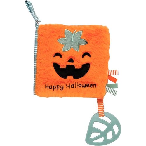 Soft Plush 5 inches Crinkle Activity Book with Teether, Satin Ribbons and Travel Strap, Happy Halloween Embroidery, Orange Pumpkin Jack-o-Lantern